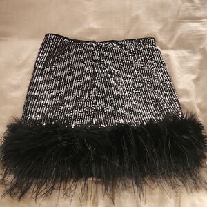 SHEIN Black Sequin Mini Skirt with Feather Trim